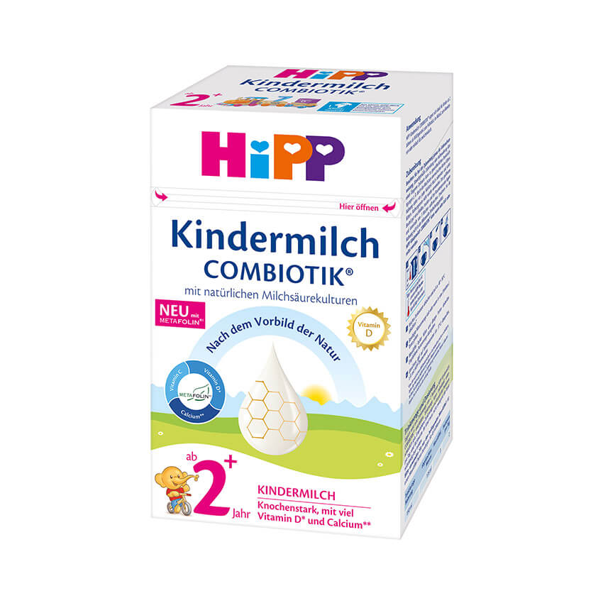 A box of Hipp Kindermilch Combiotik, a milk product for children aged 2 and above, with a focus on natural probiotic cultures, vitamin D, and calcium.