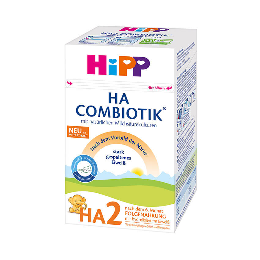 A box of Hipp HA2 Combiotik baby formula, with a focus on its natural ingredients and the inclusion of Metafoln.