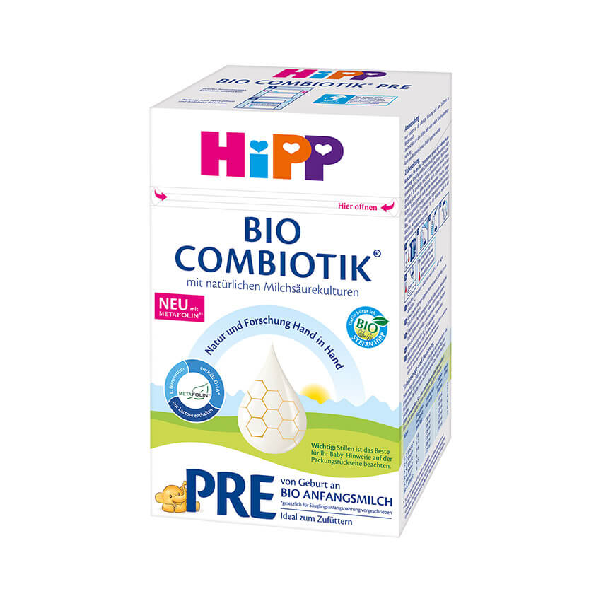 A box of Hipp Bio Combiotik Pre, a baby food product, with a focus on its organic and probiotic qualities.